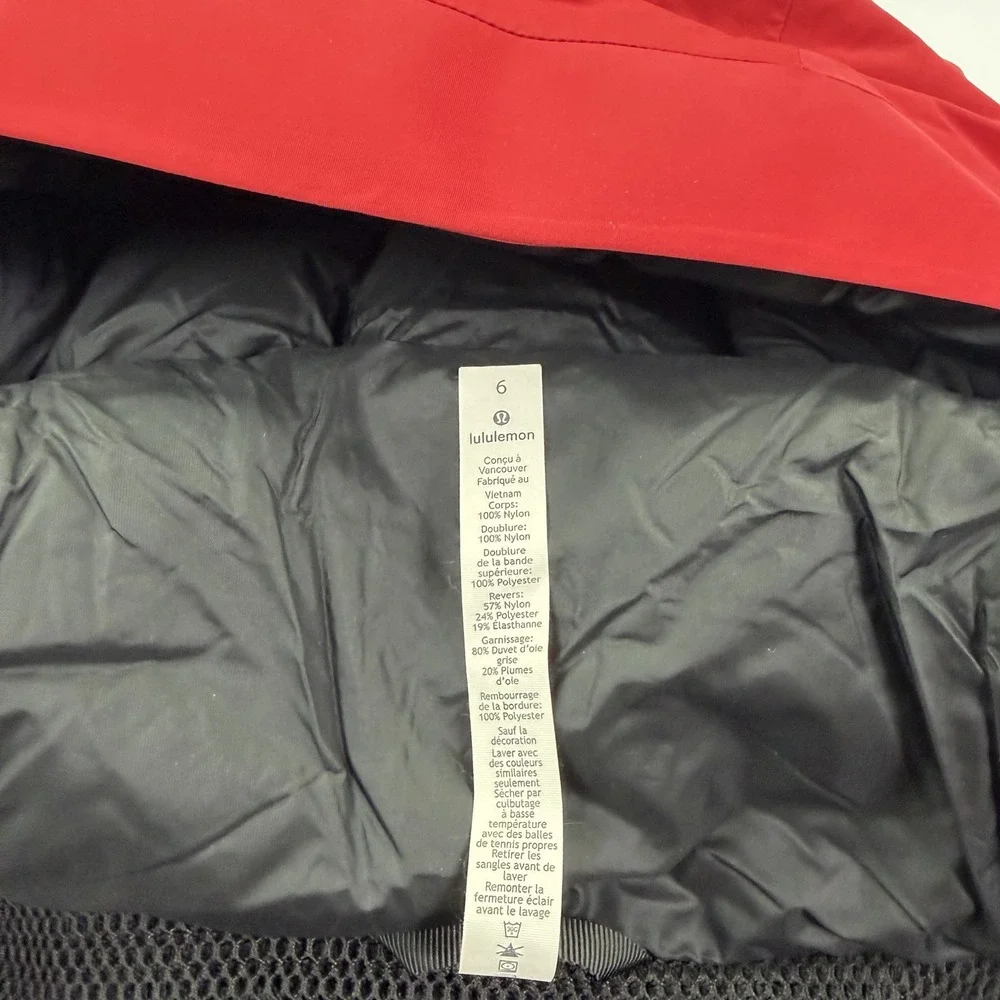 Lululemon Red Goose Down Long Hooded Winter Parka Coat Women's Size 6
